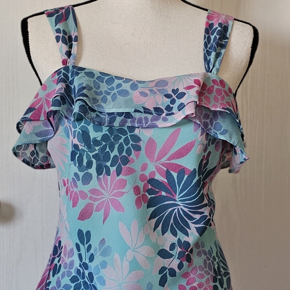Mixit Tops - Mixit Floral Ruffle Top - Blue and Pink